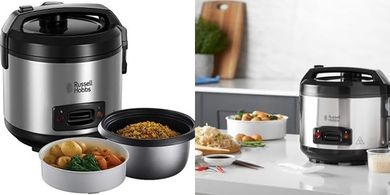 Olla Arrocera Russell Hobbs: 8 raciones, vaporera, mantiene el calor.
