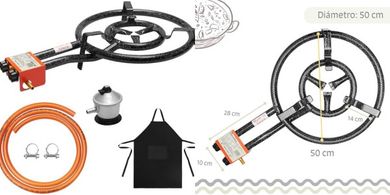 Paellero gas butano Garcima de 50 centimetros con Regulador Manguera y Abrazaderas incluídas. Dos fuegos, uno de 50cm y otro de 30cm de uso independiente y aleatorio uno del otro
