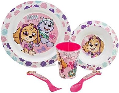 Set vajilla infantil reutilizable apta para microondas compuesta por vaso, plato, cuenco y cubiertos de La Patrulla Canina Chicas