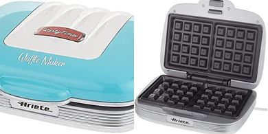 Gofrera Ariete Party Time: antiadherente, vertical, indicador luminoso, recogecable, 700W, azul.