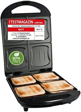 Tostadora Emerio XXL familiar: 4 moldes grandes, antiadherente, sin BPA, 1300W.