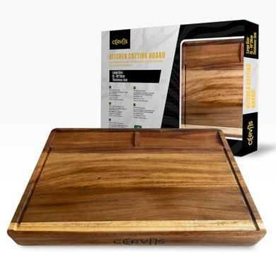 Tabla de cortar reversible de acacia, con canal y compartimentos.