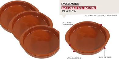 Fackelmann Set de 3 Cazuelas de Cerámica Rústica, Cazuelas de Barro Refractario, Aptas para Cocina de Gas y Eléctrica, Microondas y Horno, Color Natural, 20 cm Diámetro, Borde 5 cm, 3 ud.