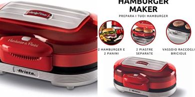 Hamburguesera Ariete 205: Doble placa, 1200W, fácil limpieza.