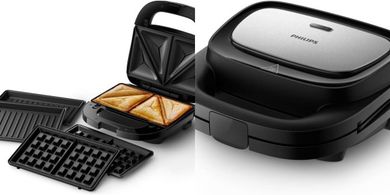 Sandwichera Philips 5000: 3 juegos de placas, 750W, negra.
