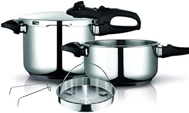 Fagor Duo Olla a Presión 6 + 4 Litros, Inducción, Express Super Rápida, Acero Inox. 18/10, Todo Tipo Cocinas, Fondo Termo Difusor, 2 Niveles de Presión, 5 Sistemas de Seguridad, Incluye Cestillo