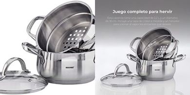 Cacerola Bergner Gourmet 2,2L: acero inoxidable, resistente, fácil limpieza.