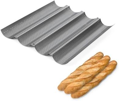 Bandeja horno antiadherente para baguettes: molde acero carbono perforado 4 ranuras.
