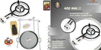 COMBOI Paellero Gas Butano 40 CM, Paellera 46 CM, Kit Quemador, Regulador de gas, Manguera, Patas Trípode, Nivel, delantal, Libro de Recetas digital (KIT 400 + Patas Trípode)