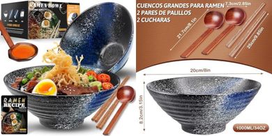 YTLEMON Juego De Cuencos De Ramen De Cerámica 2×1000ml 34oz, Ramen Bowl Japonés De Cocina Para Sopa De Fideos Con Palillos Y Cuchara Para Ensalada Cereales Fideos Regalo Para El Hogar Para