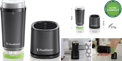 FoodSaver inalámbrico: Envasadora portátil con base, recipiente y bolsas.
