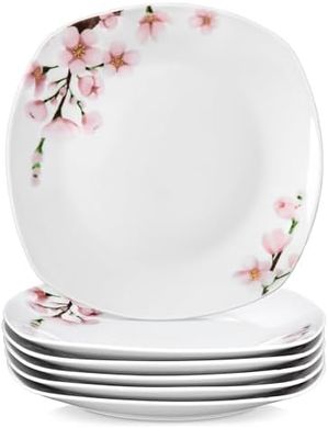 Juego de 6 platos cuadrados de porcelana Annie, diseño floral rosa.
