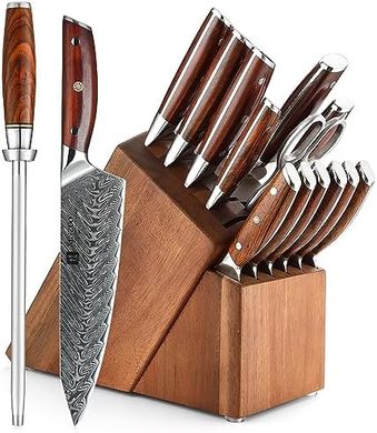 Juego de cuchillos XINZUO Damascus 15 piezas con bloque de acacia
