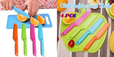 ZLXFT Cuchillos Cocina,4 Cuchillos para Niños,Juego Cuchillos Cocina de Aprendizaje para Niños,Juego de Cuchillos de Plástico,Juego de Cocina Seguro para Niños,para frutas,verduras,pasteles y pan