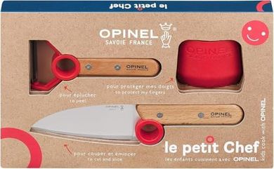 Opinel - Set de Cocina Infantil Le Petit Chef - Cuchillo, Pelador y Protector de Dedos - A Partir de 7 Años - Garantía de por Vida - Fabricación Francesa - Rojo