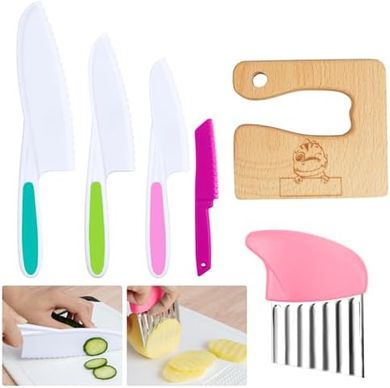 Cuchillos de cocina infantiles Vicloon: 6 piezas, plástico y madera.
