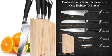 Denkich Set Cuchillos Cocina, 6 Piezas con Mango Ergonómico y Acero Inoxidable Alemán, Juego de Cuchillo Profesional con Base de Bloque de Roble para Cocinero y Principiante