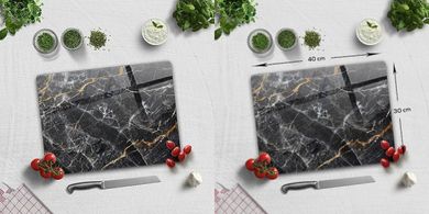 Decoritashop Tabla de cortar de vidrio templado para cocina, rectangular con patas de goma, resistente al calor, antideslizante, 30 cm x 40 cm, (mármol negro detallado marrón), BRCKT0000001