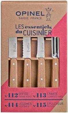 Set de 4 cuchillos Opinel Les Essentiels: pelar, dentado, verdura, pelador.
