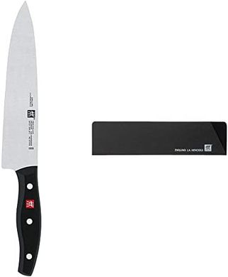 Cuchillo Zwilling Pollux 20cm: hoja ancha, mango acero inoxidable, funda negra.
