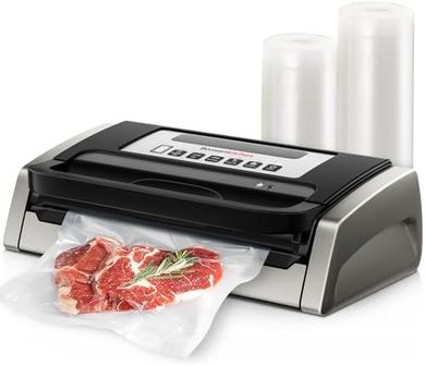 Bonsenkitchen Envasadora al Vacío, Potente y Silencioso, Tecnología Globefish para Trabajo Continuo, Diseño con Mango Bloqueado, Cortador Integrado, 2 Rollos de Bolsas Incluidos