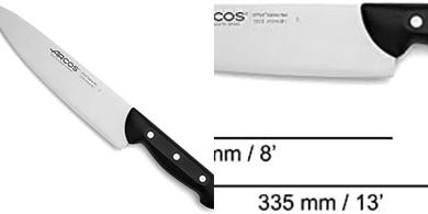 Cuchillo Chef Arcos Maitre: Acero inoxidable, hoja 215mm, mango ergonómico.
