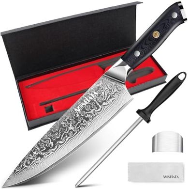 Cuchillo Chef Damasco MOSFiATA: 20cm, 67 capas, mango G10, afilador incluido.
