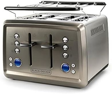 Tostadora Black+Decker: 4 ranuras extra anchas, accesorio panecillos, 1960W, inox.