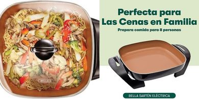 La Sartén Eléctrica BELLA con Tapa de Vidrio, Revestimiento Antiadherente, Asas, Sensor de Control de Temperatura Extríble, Apta para Lavavajillas, 30.5 x 30.5 cm Pulgadas, Cobre