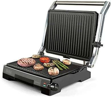 Parrilla eléctrica Black+Decker BXGR2200E: 2200W, placa antiadherente, tapa 180º.