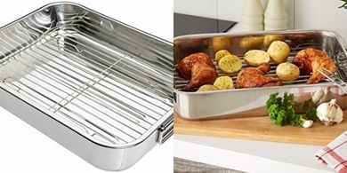 Fuente de horno rectangular con rejilla de acero inoxidable.