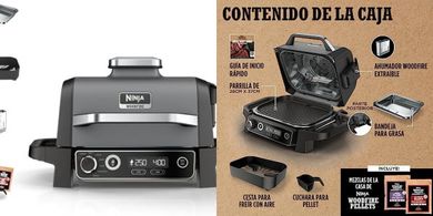 Parrilla Ninja Woodfire 7 en 1: aire, humo, asado, horneado; portátil, resistente.