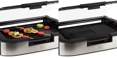 BOJ Barbacoa eléctrica BBC-1800, con tapa de vidrio desmontable, placa antiadherente, bandeja recogegrasas extraíble, fácil lavado